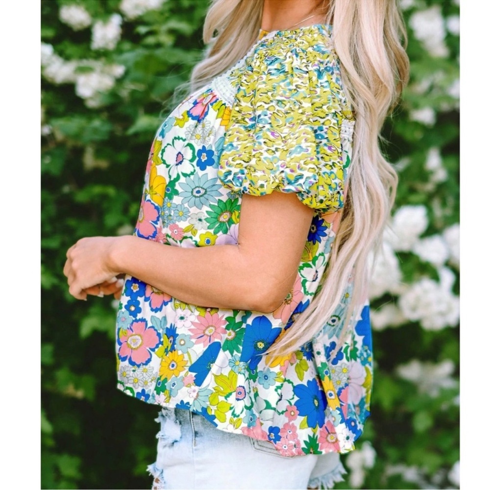 Boho Floral Print Lace Puff Sleeve Loose Fit Blouse S M L XL - Picture 5 of 8